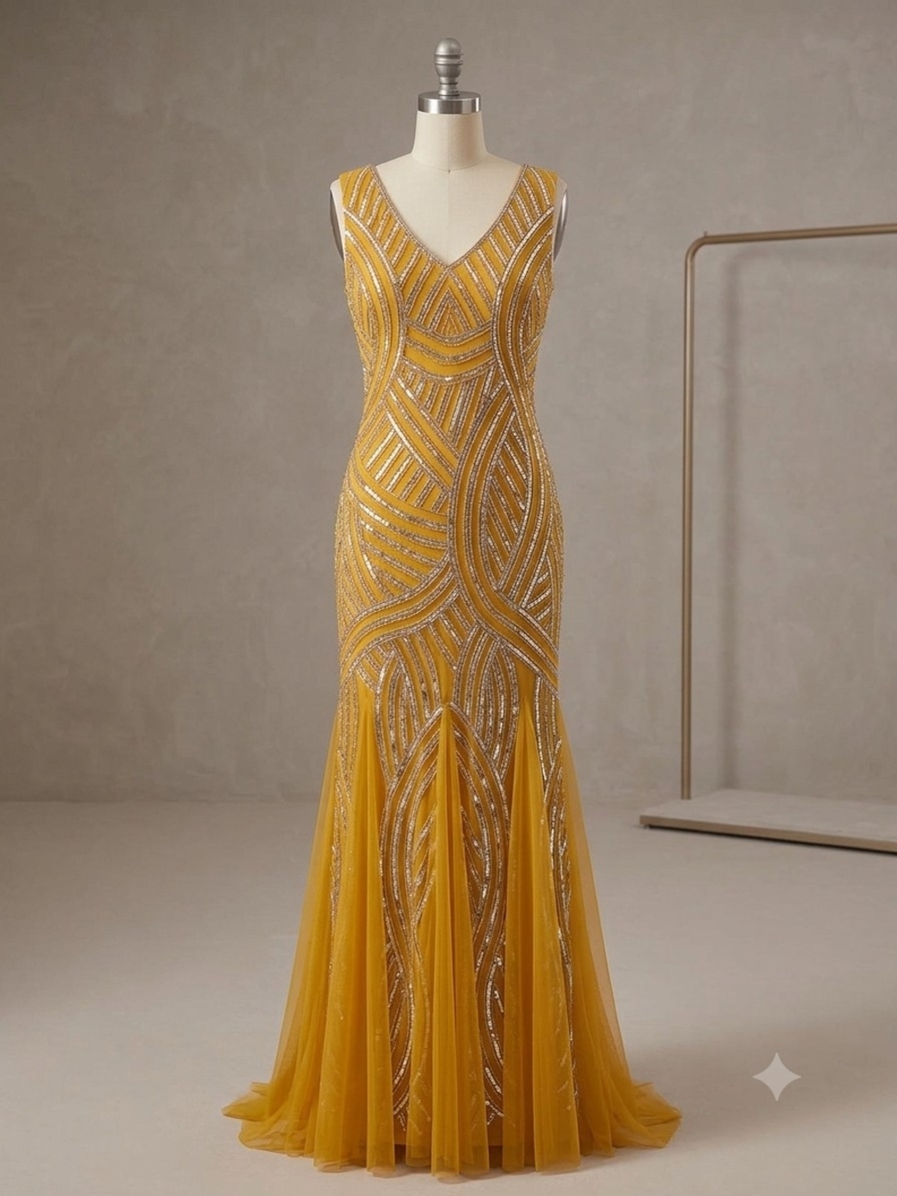 ASHRO Gold Mustard Sequin Beaded V-Neck Sleeveless Women's dress
